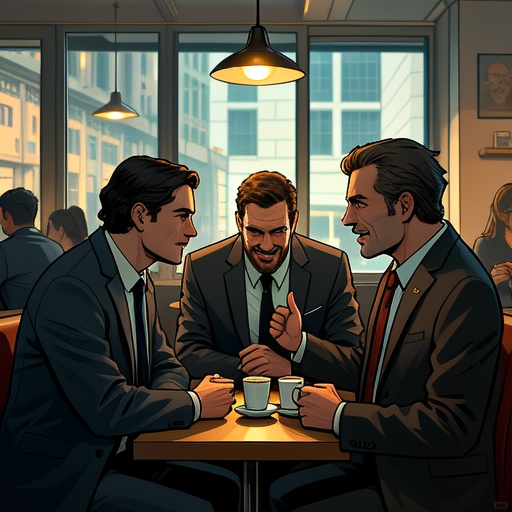 In the picture, in a quiet coffee shop, a person with a strong partial seal sits in the corner with a sharp look in their eyes. Opposite them, there are two people. One is sincere and smiling, while the other is insincere with an exaggerated expression. The person with a strong partial seal nods in response to the sincere one and ignores the insincere one. The coffee shop has soft lighting, and the sunlight shines in through the window, highlighting the independent and calm demeanor of the person with a strong partial seal. Other people around are either chatting or reading, making them seem as inaccessible as an iceberg.