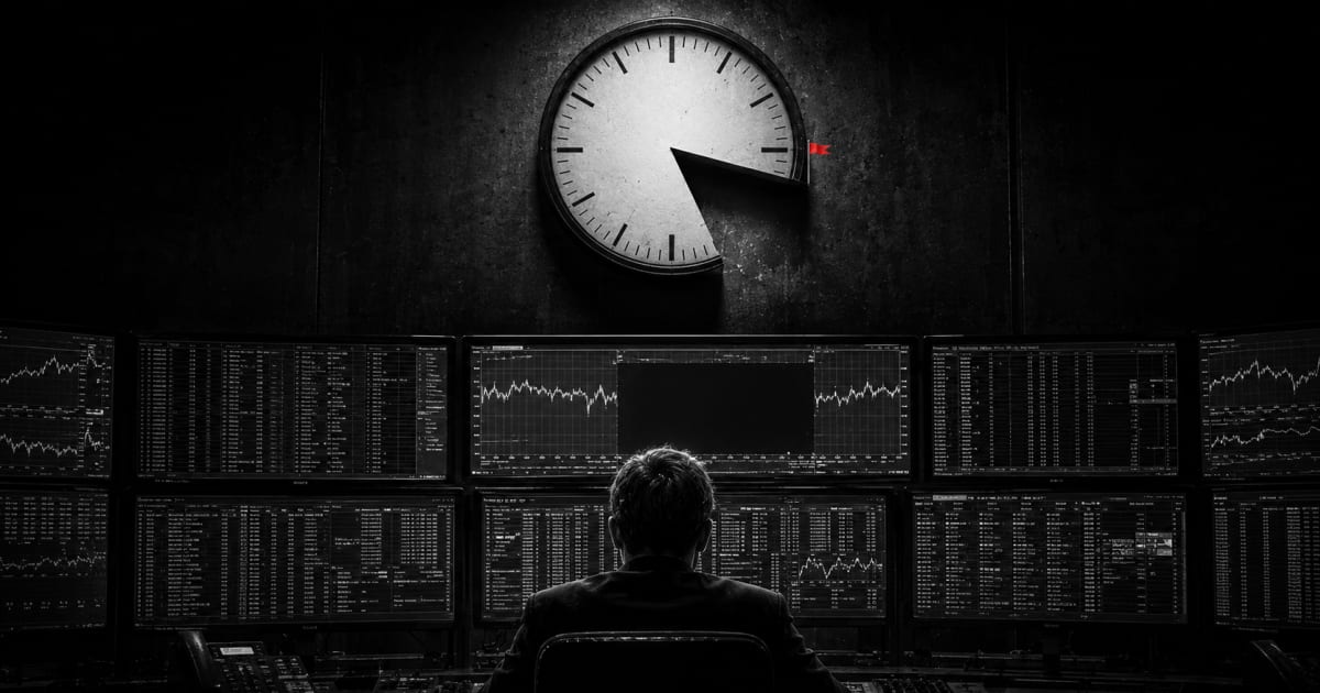 A wall of trading monitors in a dark control room, one screen frozen with a blank gap in the data stream; a large analog clock with a wedge missing from its face; a single small red flag at the edge of the gap.