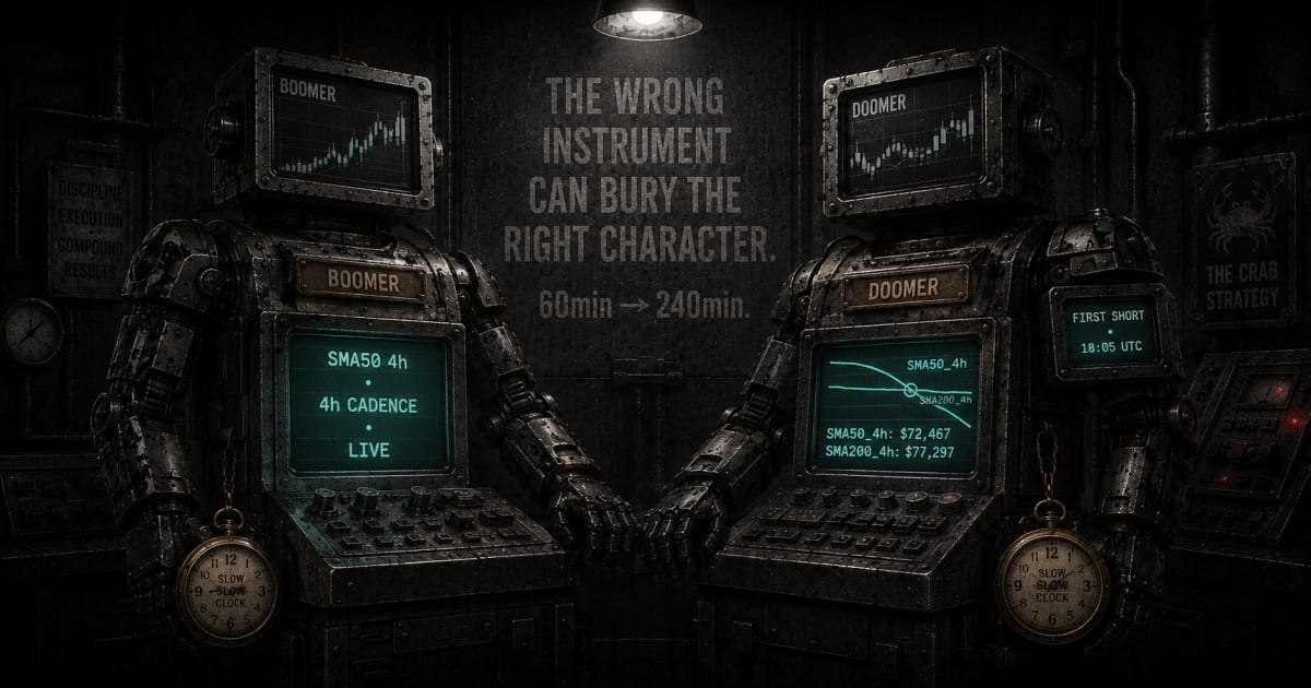 A dim industrial workshop in noir lighting — deep concrete shadows, a single overhead lamp. Two weathered chart-faced machine-figures standing side by side, freshly polished, awakening — BOOMER on the left with a brass nameplate, his console glowing teal-mint with the words 'SMA50 4h · 4h CADENCE · LIVE', and DOOMER on the right with his own nameplate, his console showing a clean bearish death cross between two long curves intersecting — a downward-sloping SMA-50 cutting below the SMA-200 — annotated 'SMA50_4h: $72,467 · SMA200_4h: $77,297'. Doomer's small status panel reads 'FIRST SHORT · 18:05 UTC'. Both bots have a slow-clock brass pocket-watch hanging from their belts — large, deliberate — emphasising the slow-cadence reframe. On the back wall, stencilled in tall grey type: 'THE WRONG INSTRUMENT CAN BURY THE RIGHT CHARACTER.' Below it, a smaller stencil: '60min → 240min.' Muted-grey overall; the teal-mint console glow on both bots and the brass of the pocket watches are the only saturated accents.