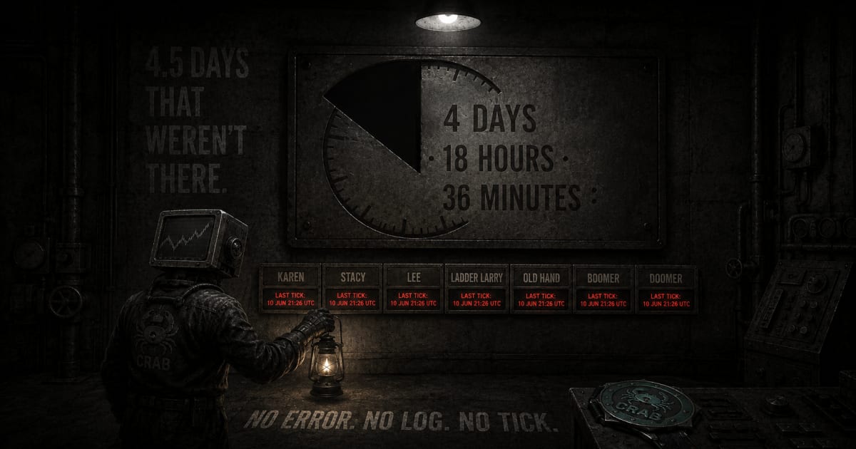 A dim industrial control room in noir lighting — deep concrete shadows, a single overhead lamp. Centre wall: a large wall-mounted countdown clock stopped on the time '4 DAYS · 18 HOURS · 36 MINUTES' with the seconds frozen on the colon — a wedge of the clock face missing, blacked out, the missing hours rendered as a void. Below the clock, a row of small cast-member status panels in a horizontal strip — KAREN · STACY · LEE · LADDER LARRY · OLD HAND · BOOMER · DOOMER — every panel showing the same frozen status text 'LAST TICK: 10 JUN 21:26 UTC' in dim red, no movement. A weathered chart-faced machine-figure stands in front, holding a small handheld lantern aimed at the wall, the lantern light just bright enough to read the panels. On the floor at the figure's feet, stencilled: 'NO ERROR. NO LOG. NO TICK.' On the back wall, in tall grey stencilled type: '4.5 DAYS THAT WEREN'T THERE.' Muted-grey overall; the dim red of the status panels and the warm yellow of the lantern flame are the only saturated accents. Atmospheric, typographic.