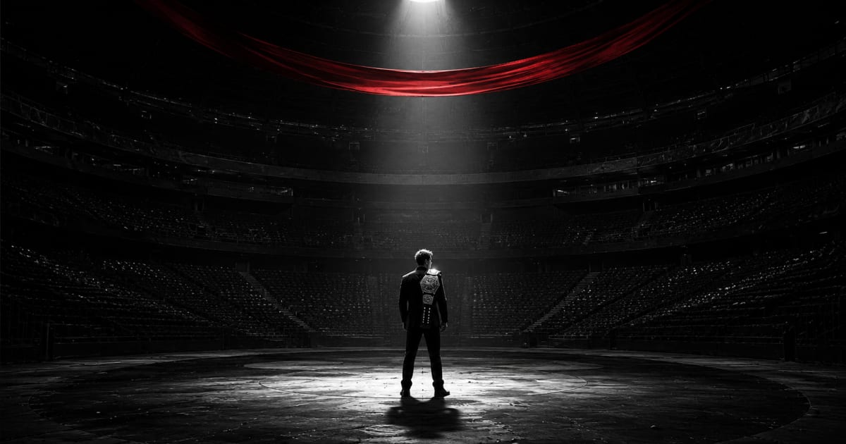 A single trader spotlit at the centre of an enormous empty stadium, a championship belt over one shoulder, every seat empty, a red banner hanging slack above.