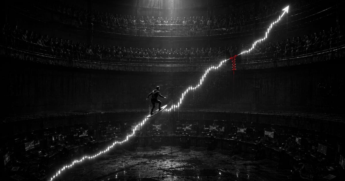 A lone figure riding a single rising trend-line up out of a small cramped arena into a larger one above; a tear in the line near the top stitched back with red thread.