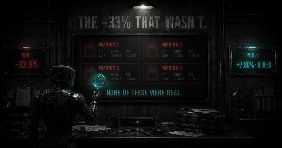 Noir forensics room. Four translucent phantom position boxes on a central monitor labelled 'PHANTOM 1-4' in dim red; a teal-mint stencil beneath reads 'NONE OF THESE WERE REAL.' A chart-faced bot inspects one phantom through a teal-glowing magnifying loupe. Left wall: dim brass plaque 'POOL: -33.9%'. Right wall: teal-bright brass plaque 'POOL: +7.80% · 0 OPEN'. Back wall stencil: 'THE -33% THAT WASN'T.' Muted greyscale with red for the phantoms and teal for the resolution.