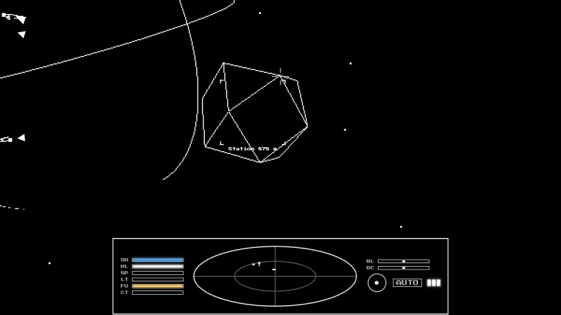 The same scene, one keypress later: white lines on black, scaled by whole pixels so it stays crisp.