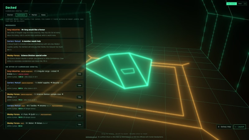 The Contracts board at Lave: Vorg Industries, the Carriers' Mutual and Wexley-Yorozu each have a special assignment waiting. They supply the cargo; you fly it there within so many jumps.