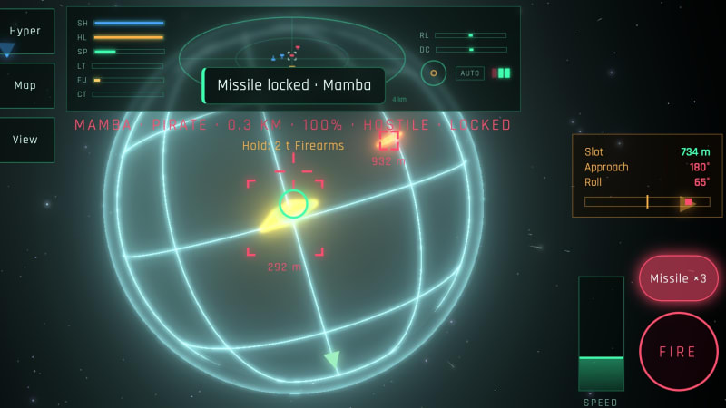 In flight on a phone held sideways: drag to aim, tilt to steer if you like, and the missile button turns red once it has locked on a pirate.