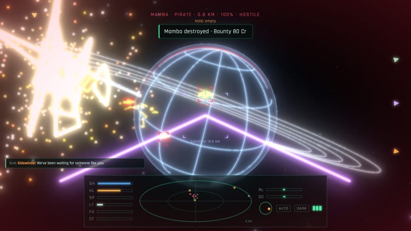 Military lasers break up a pirate Mamba over a ringed world: the bounty comes in, and one of its pack taunts you on the radio.