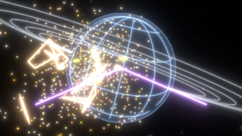 The wreck of a pirate Sidewinder tumbling across the planet, the military lasers still converging. No HUD.