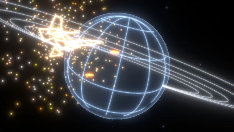 A pirate comes apart in front of the planet’s rings, sparks scattering. No HUD.