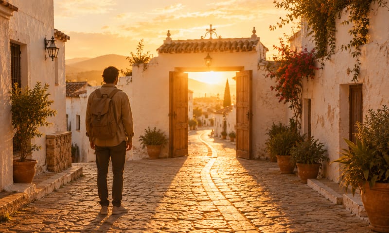 A lone figure setting off up a sunlit lane at dawn — a fresh start