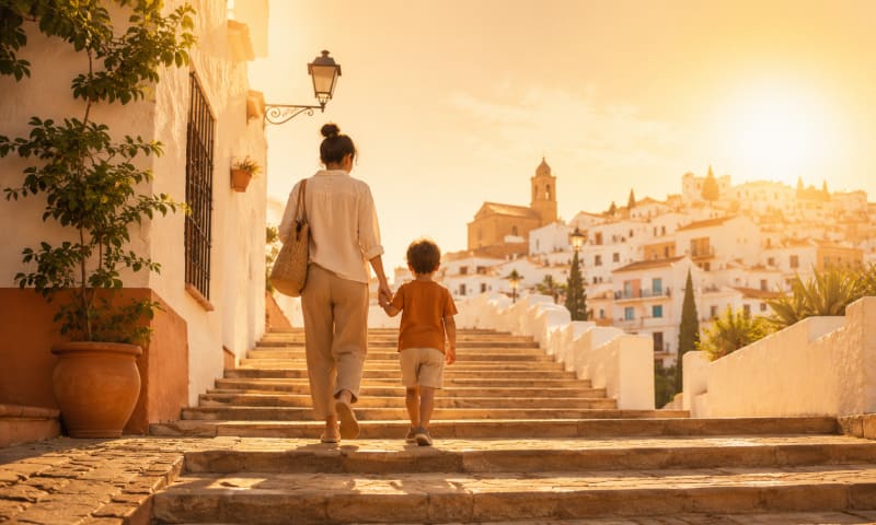A person strolling through a sunlit Spanish village at golden hour