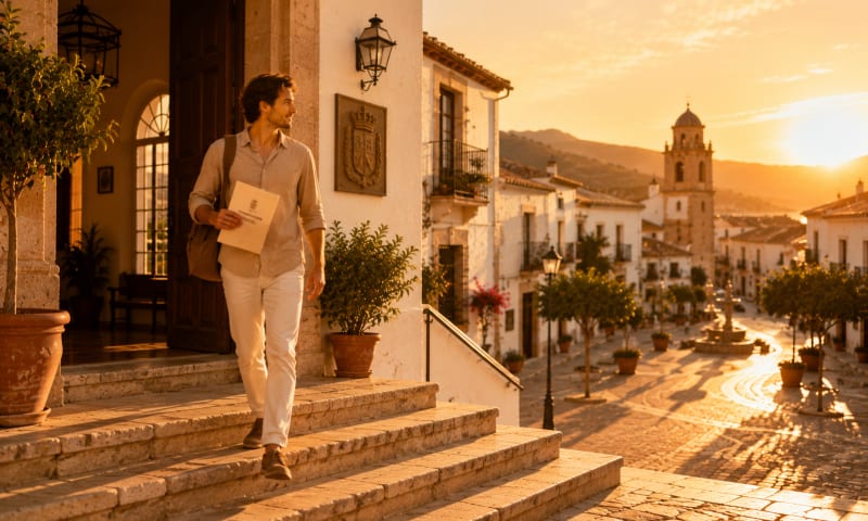 A person leaving a sunlit town-hall doorway holding a document, warm steps down into the plaza