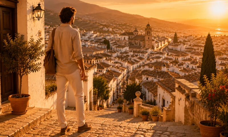 A person at the top of warm sunlit steps looking out over a golden-lit Spanish town — arrival and belonging