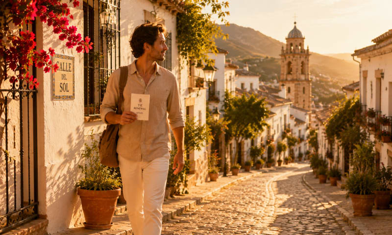 A settled resident walking a familiar sunlit Spanish street, card in hand, the path continuing onward