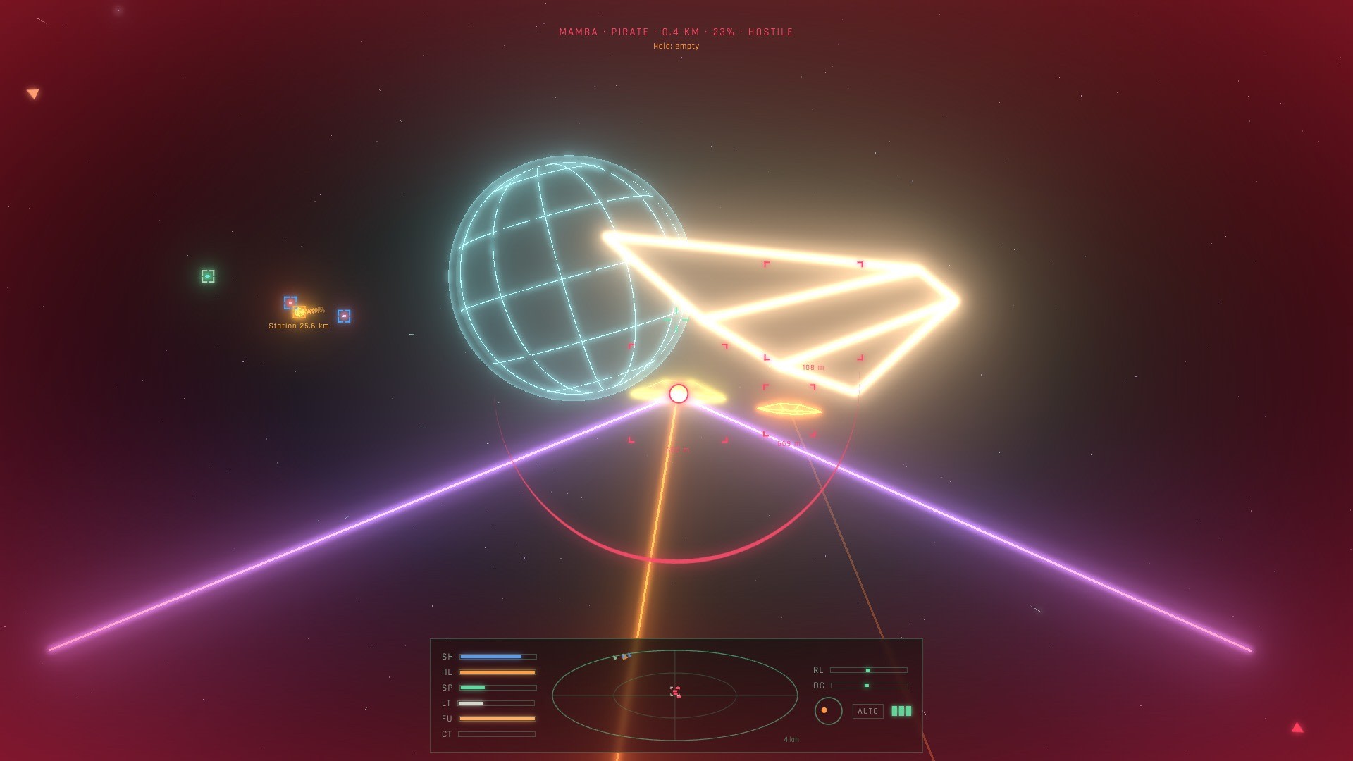 Military lasers on a Sidewinder at point-blank range, a Mamba beyond it and the station in the distance. The red is your own shields taking hits.