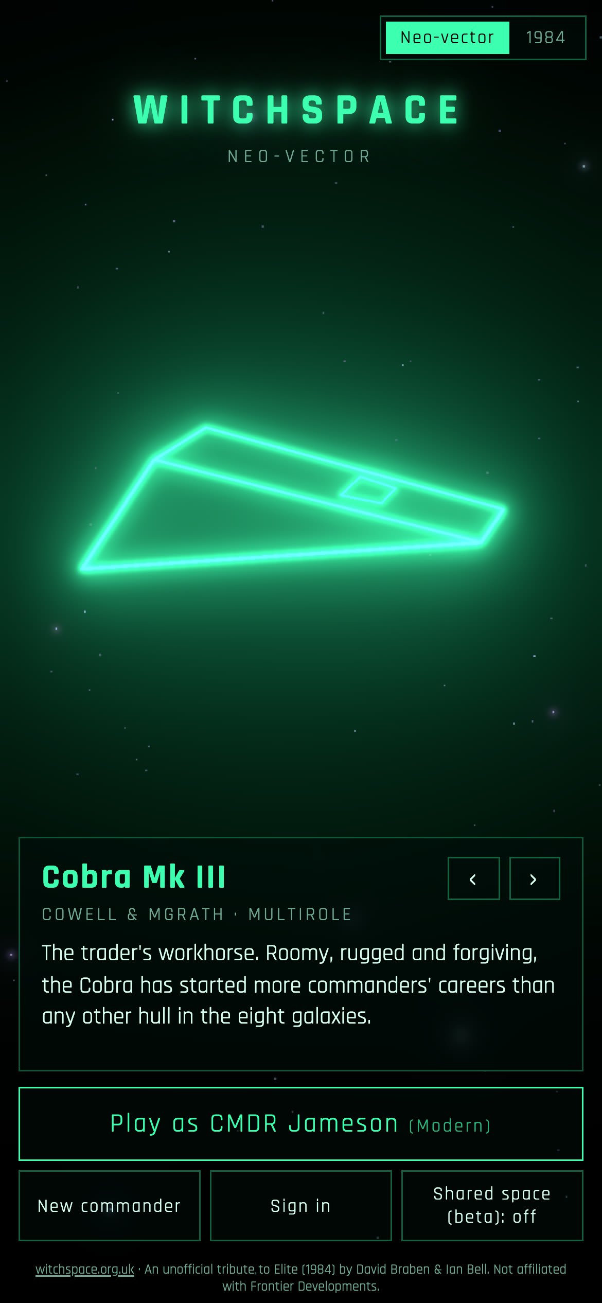 The title screen on an iPhone. Add Witchspace to your Home Screen and it plays full screen, like an app.