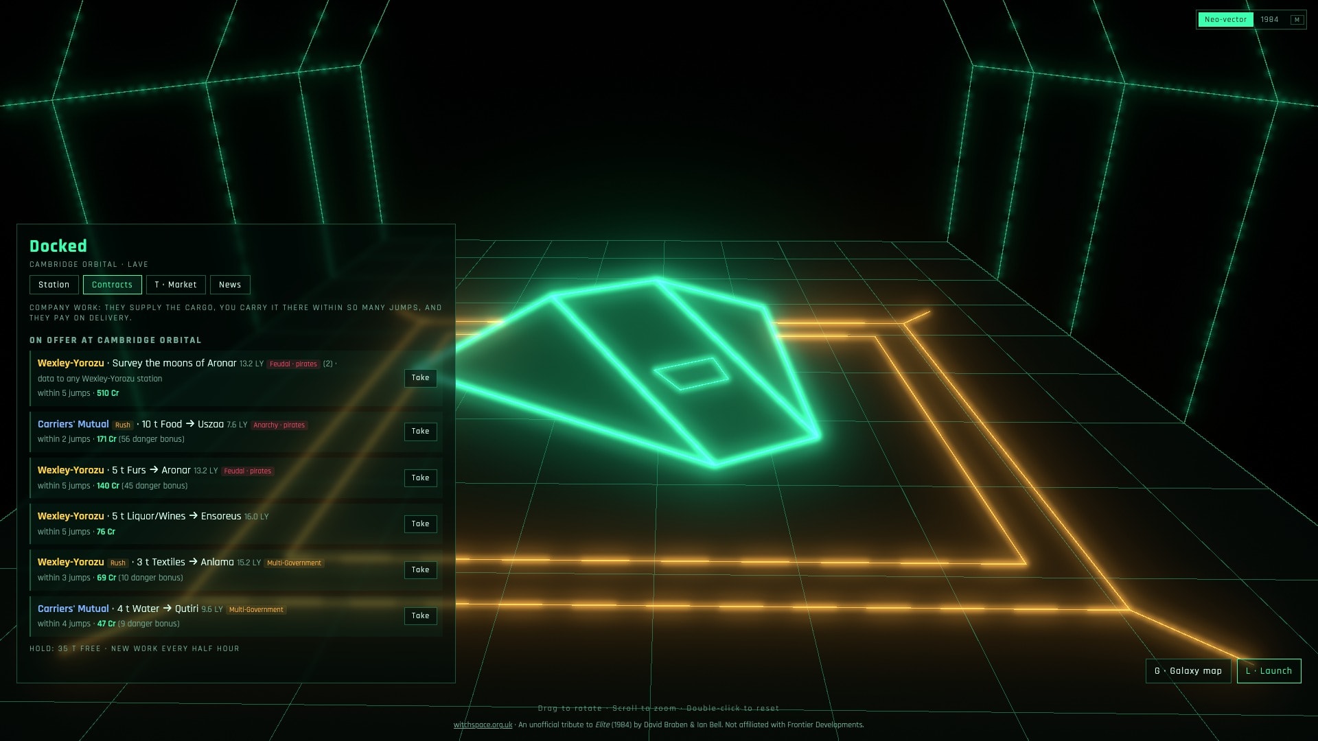 The contracts board: work for the four trading companies, each with its own standing and its own file on you.