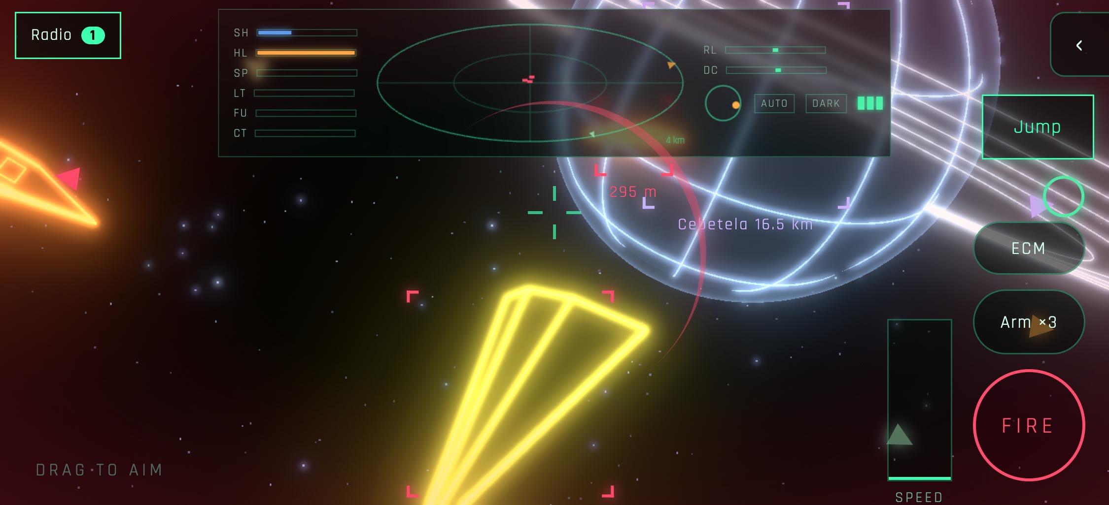 Flying and fighting on an iPhone held sideways: drag to aim, the fire button under your thumb.