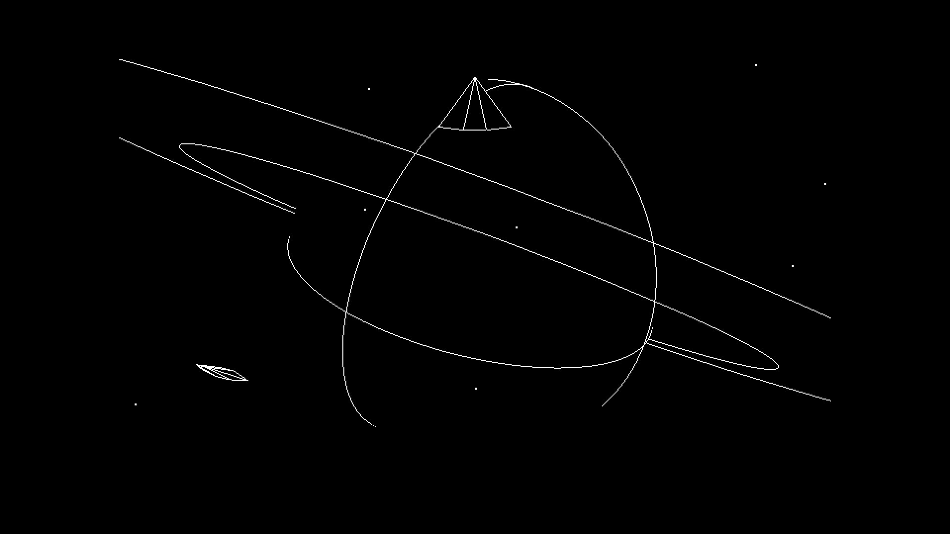 The same moment in 1984 mode: white lines on black, as the original drew them. Press M at any time.