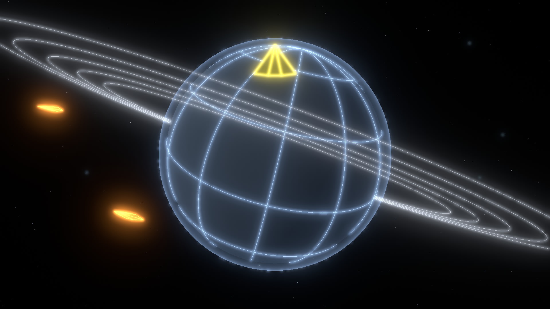 A pirate pack over a ringed world in neo-vector, glowing lines and bloom. Its pair is the same moment in 1984 mode.