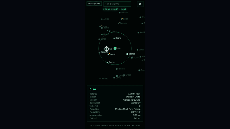 The local chart on a phone: drag to look around, tap a system to read about it, tap again to set your course.