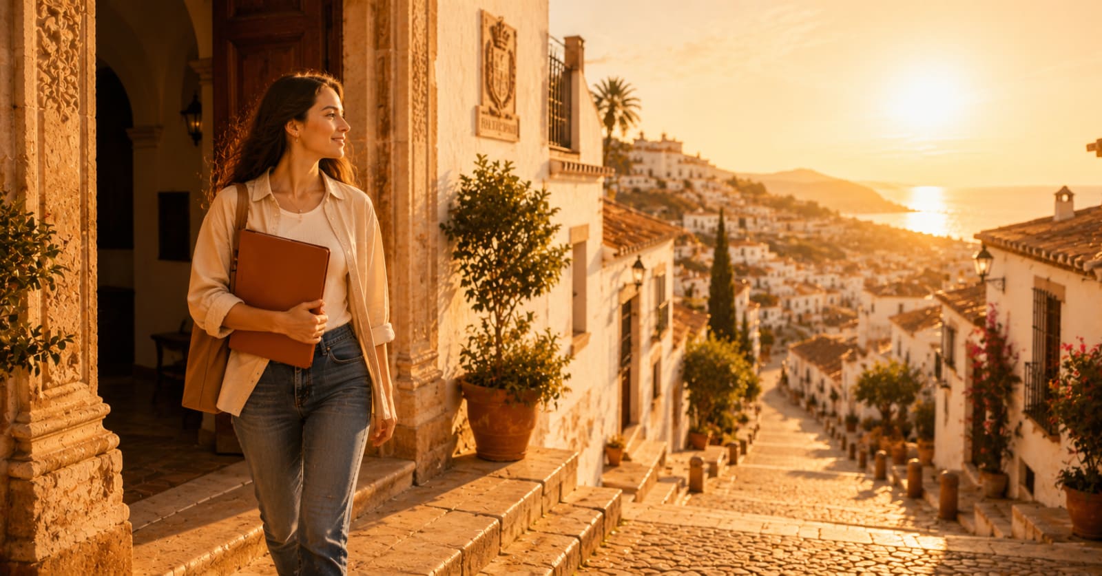 A recent graduate stepping out of a Spanish college into golden light