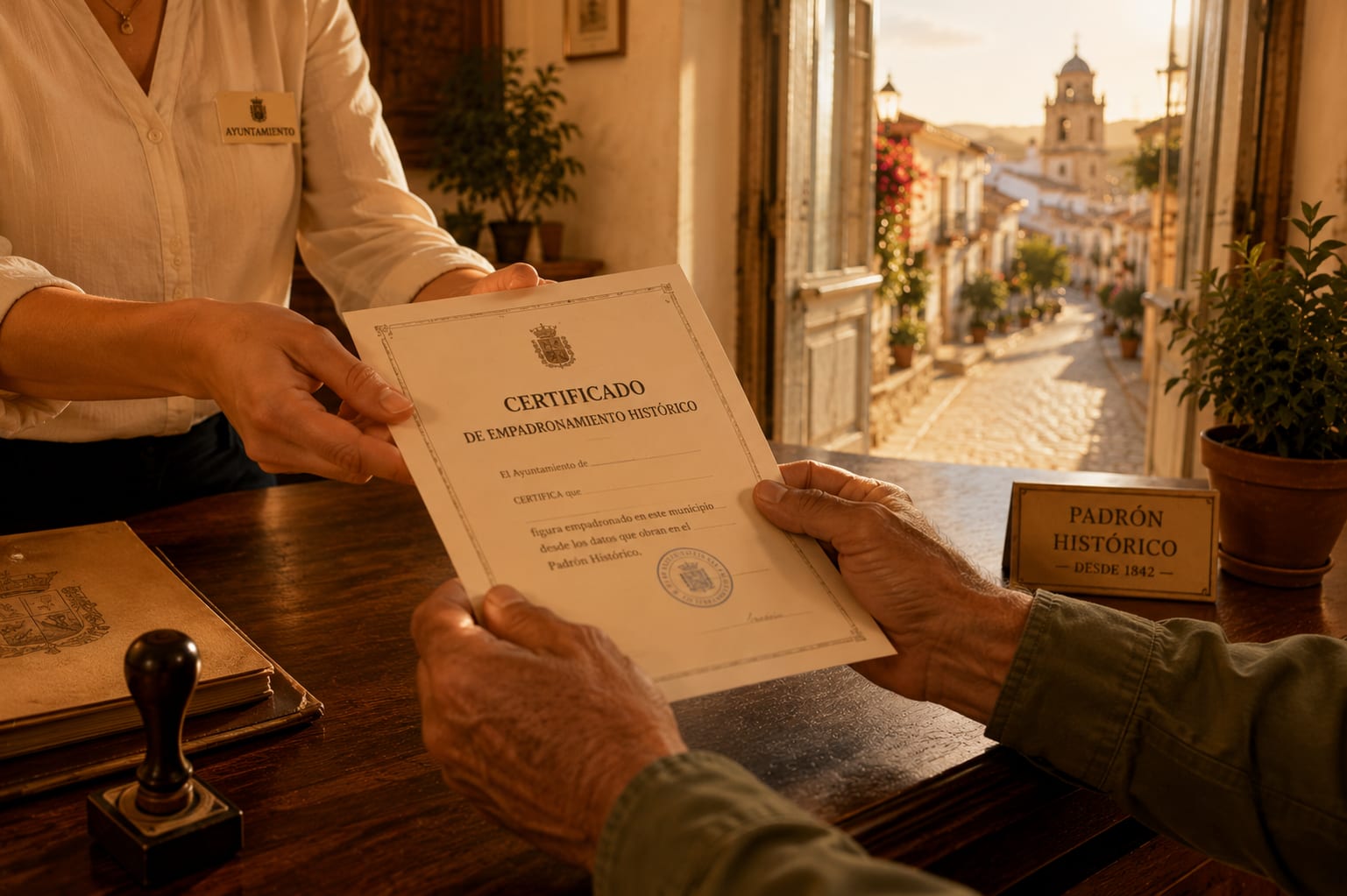 Weathered hands receiving a stamped certificate over a sunlit town-hall counter, warm light through the window