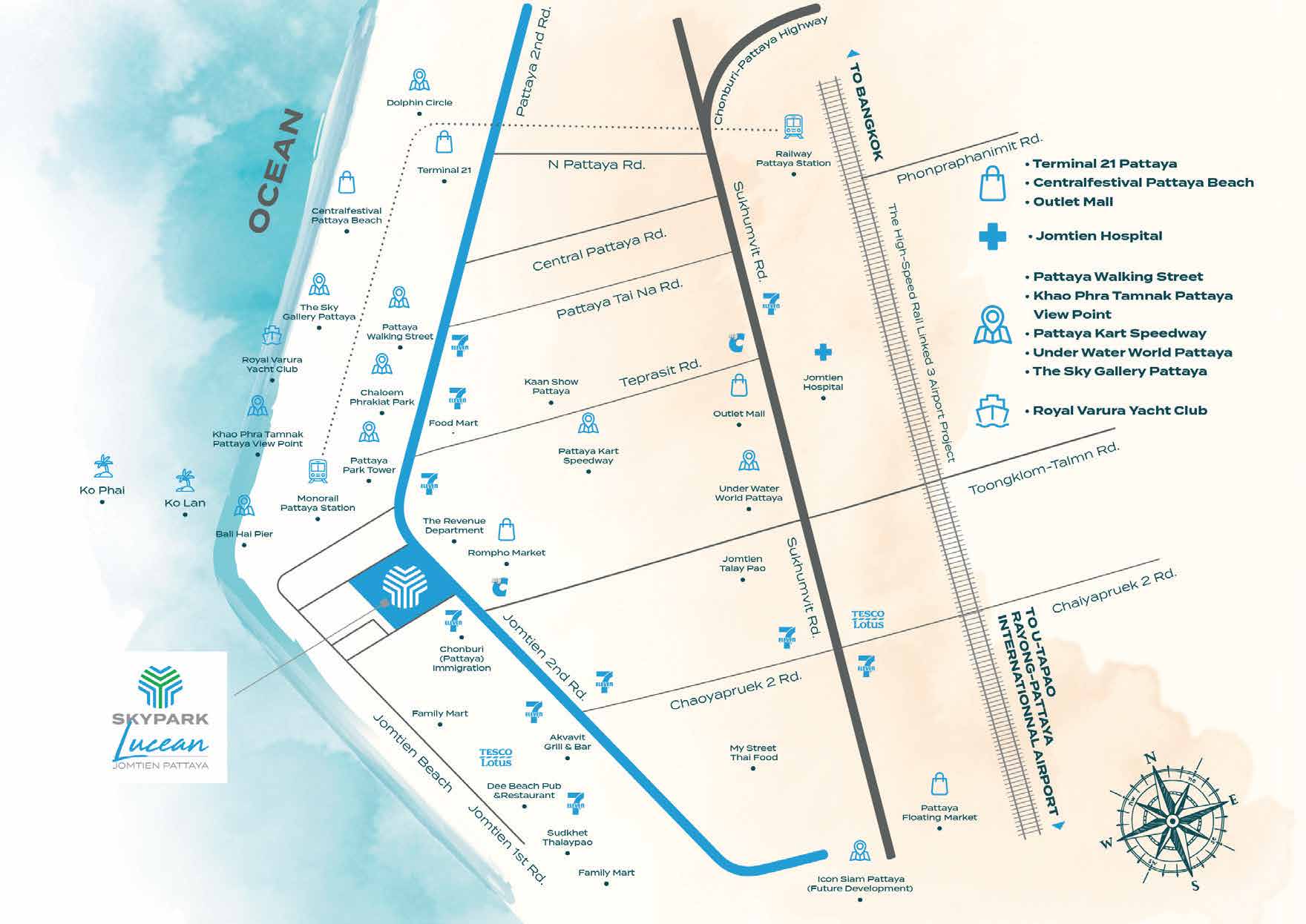 Jomtien area map with key landmarks