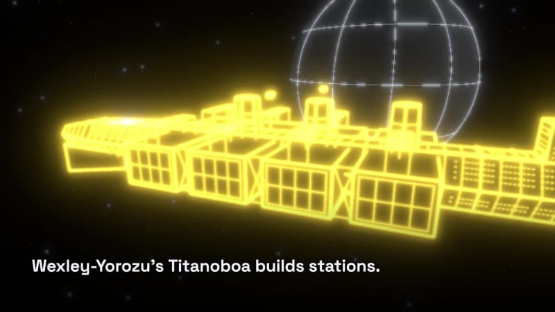Wexley-Yorozu’s Titanoboa builds a station, stage by stage, where everyone can see. Twenty-one seconds.