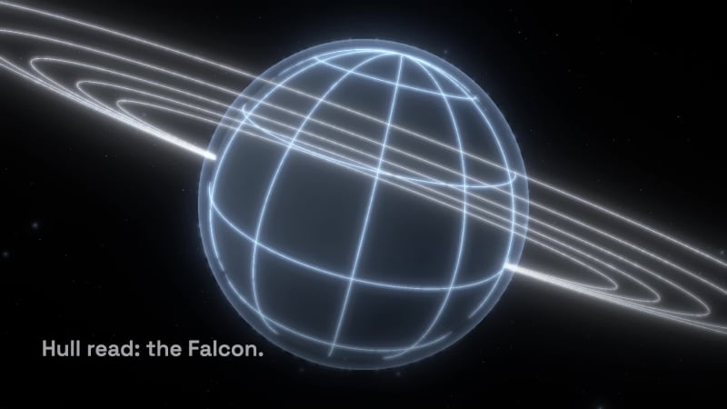 Something out there running dark: a cold white unknown, then the hull read. The Falcon. Fifteen seconds.