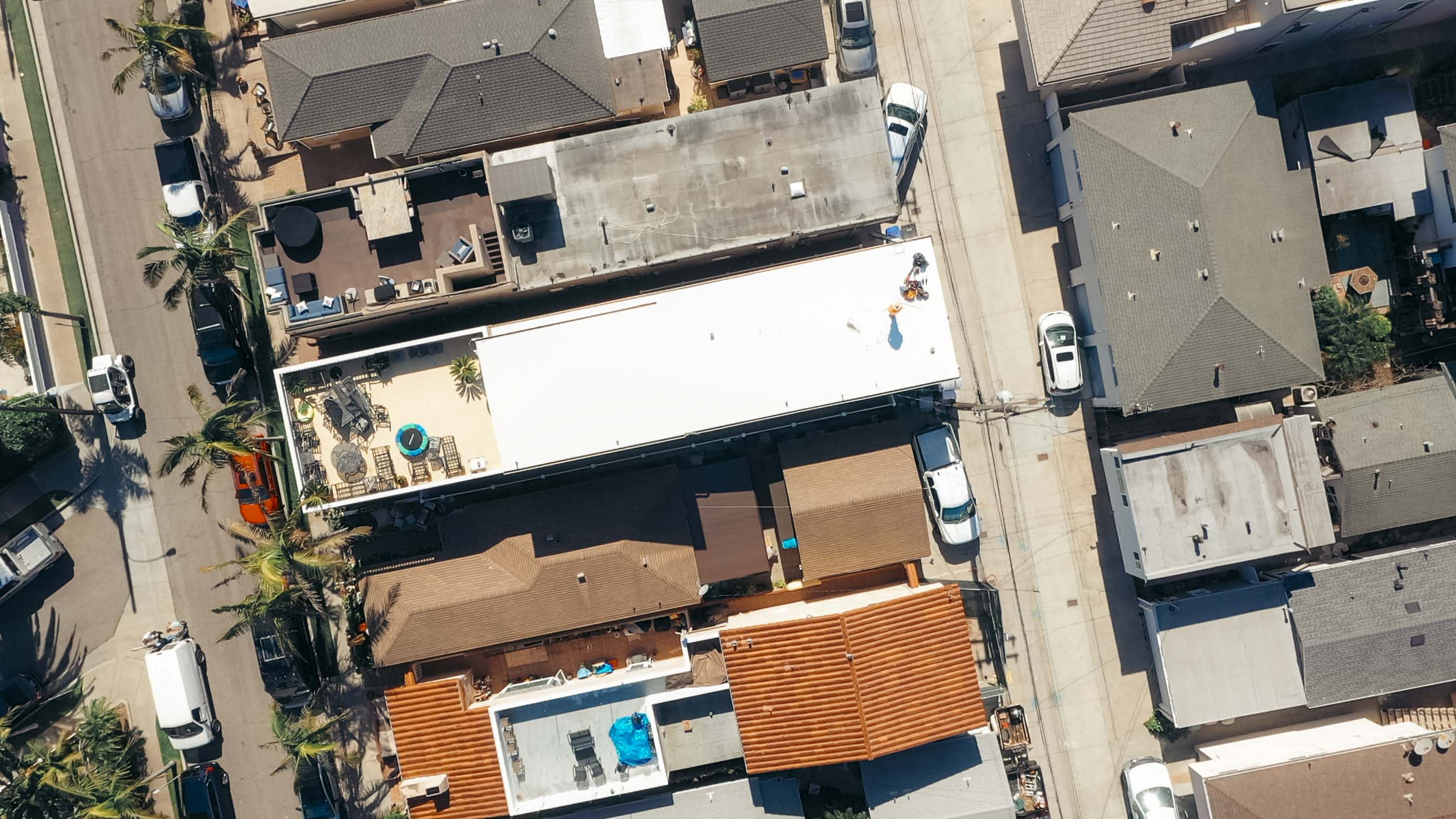Aerial drone shot flat PVC roof
