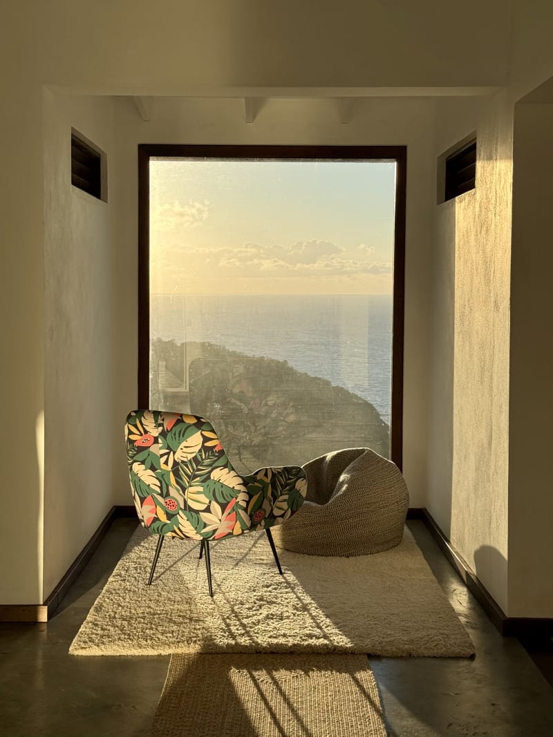Reading nook bathed in sunrise light