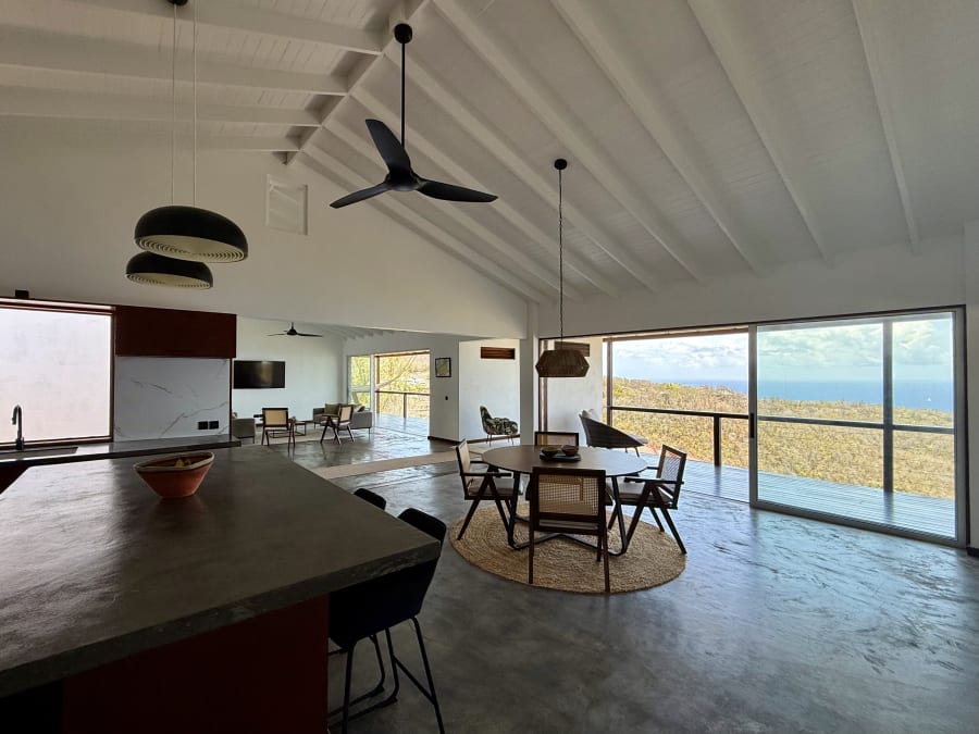 Open plan kitchen, dining, and living area