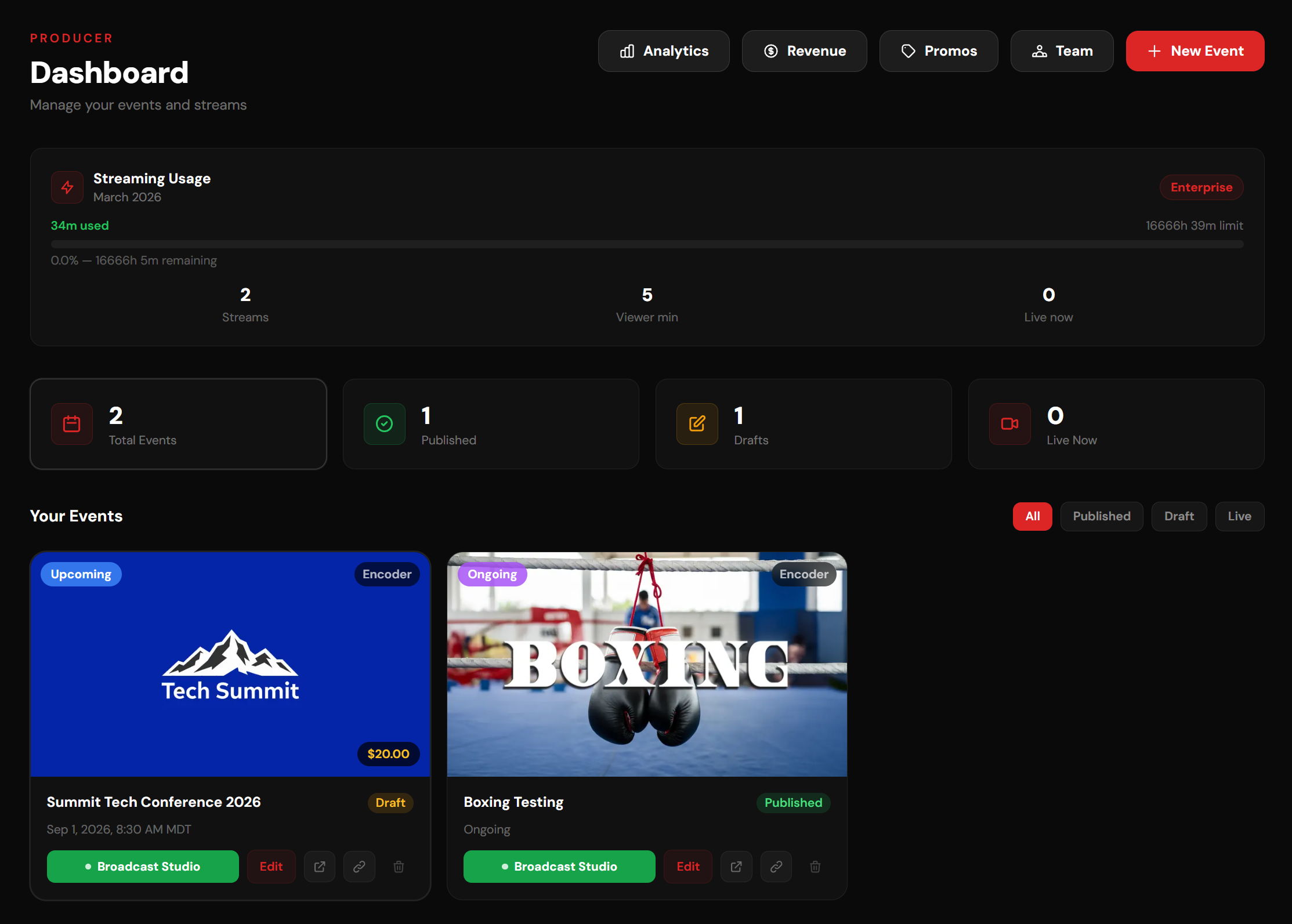 Riverbend Live organizer dashboard