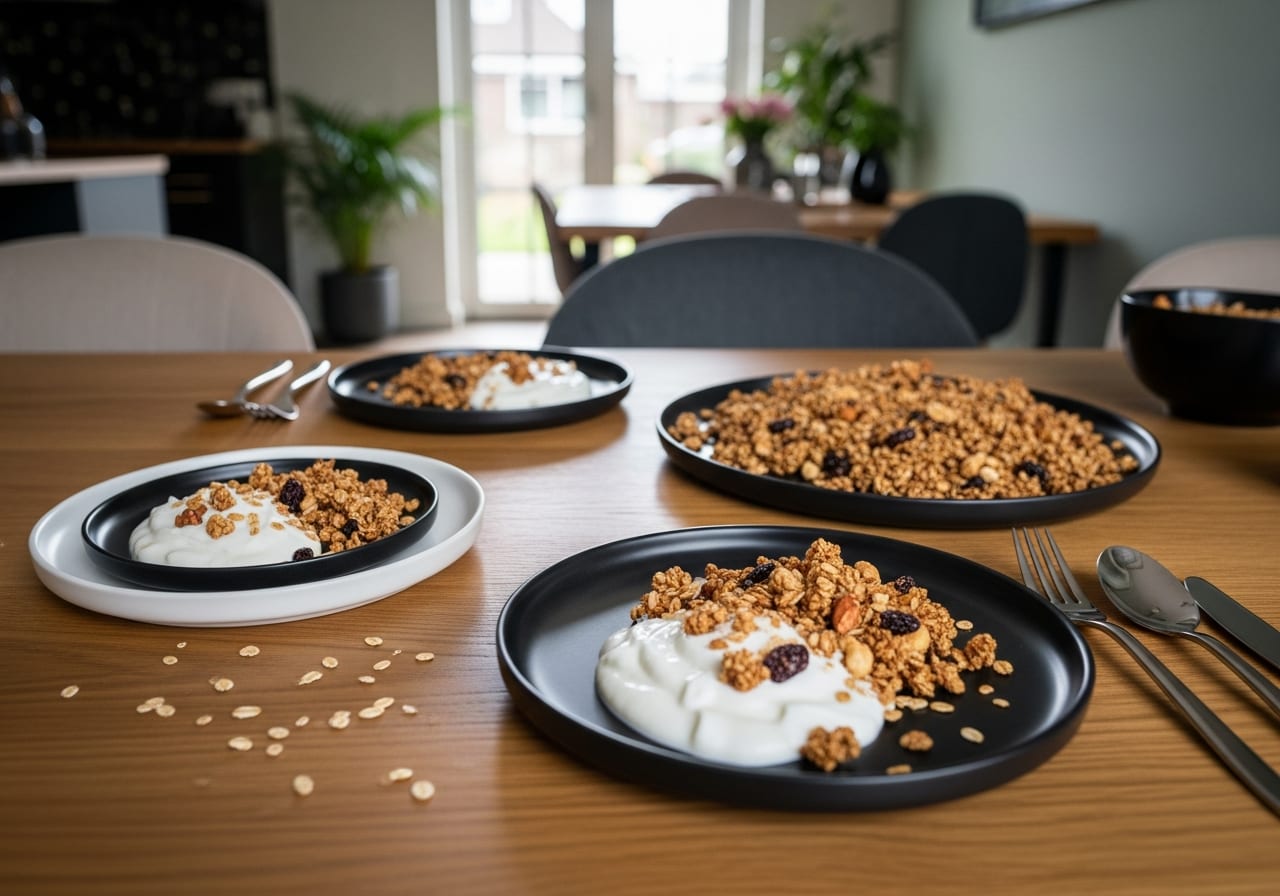 Zelfgemaakte granola met magere kwark — receptfoto