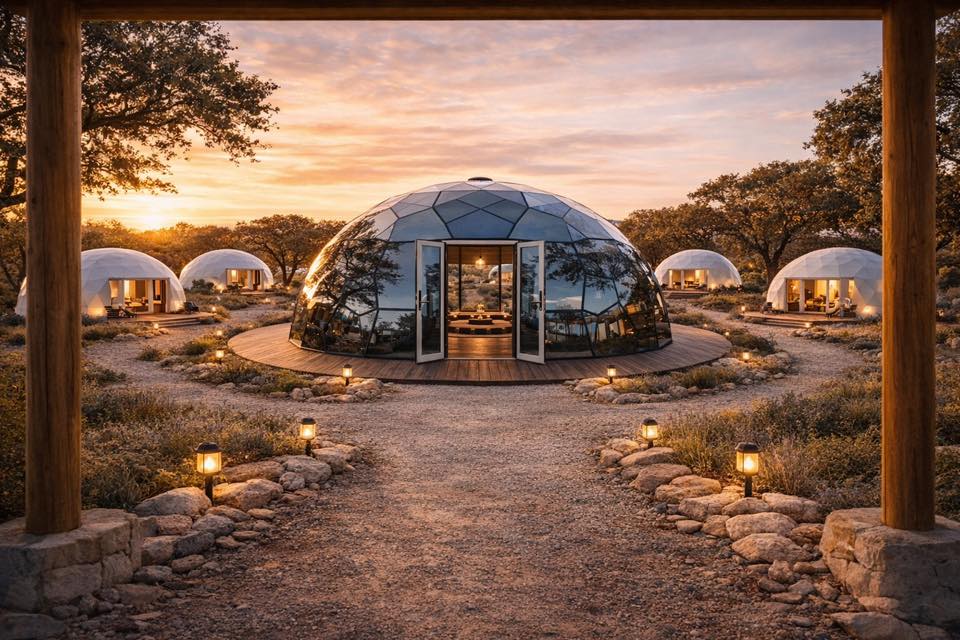 Geodesic glass domes at golden hour at AWKN Ranch