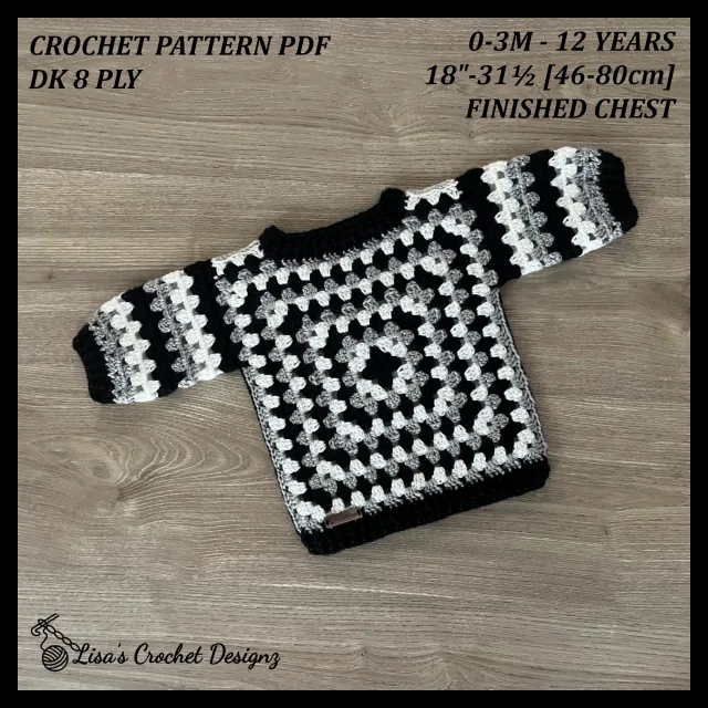 Crocheting Pattern 'Granny Square Baby Kid Sweater' on Pattern Paradise