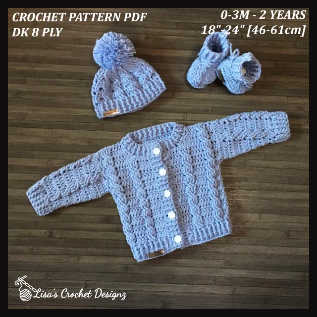 Crocheting Pattern 'Lola Baby Cardigan Hat Booties' on Pattern Paradise