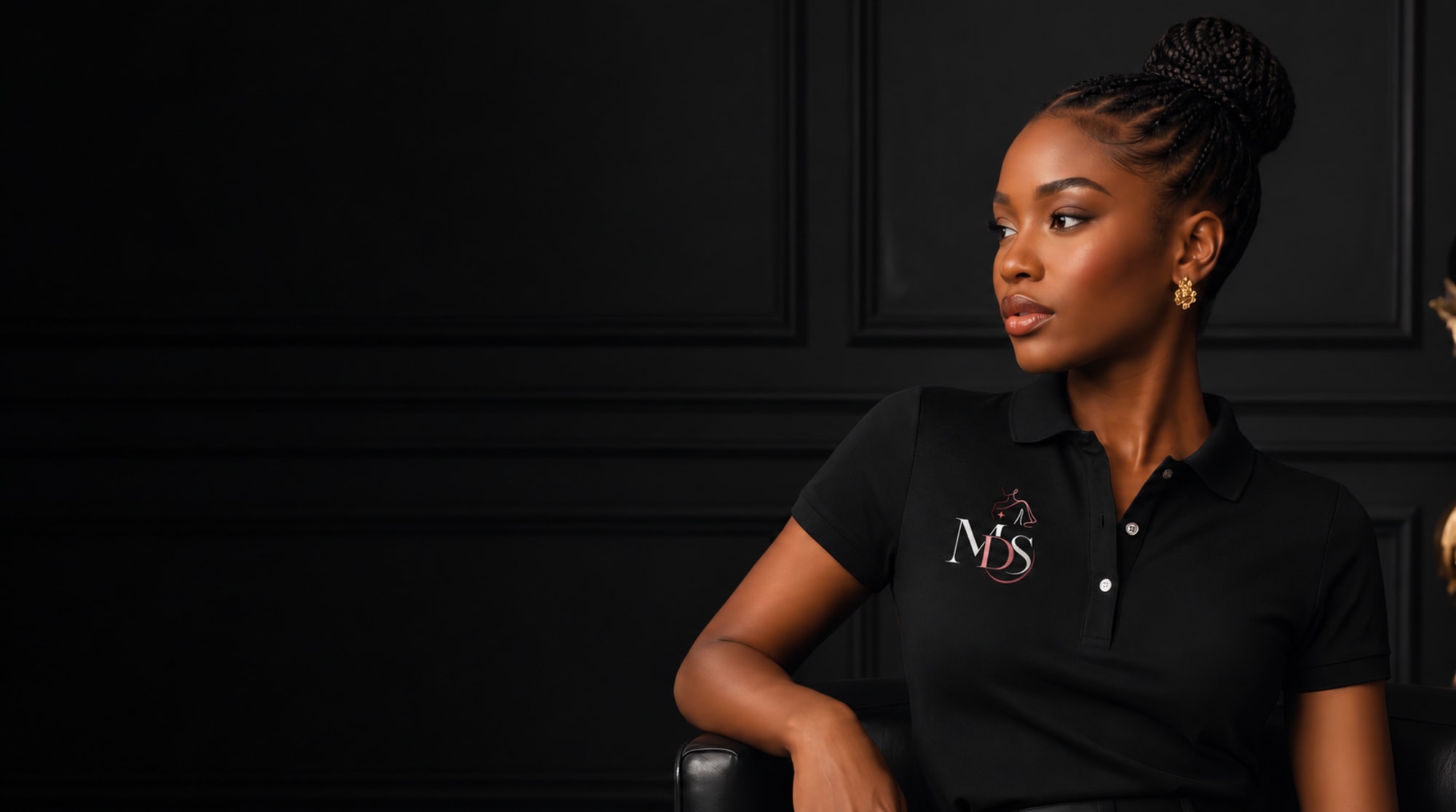 Portrait MDS, une femme en polo noir dans un intérieur élégant