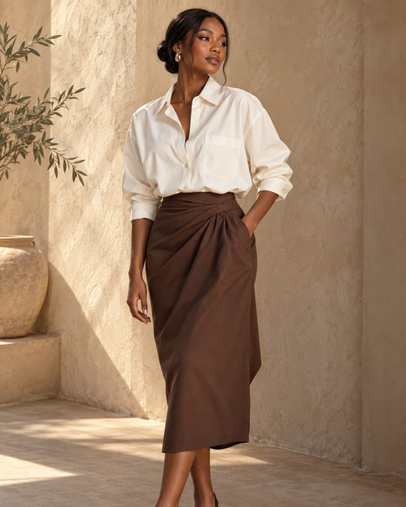 Chemise ivoire et jupe midi chocolat