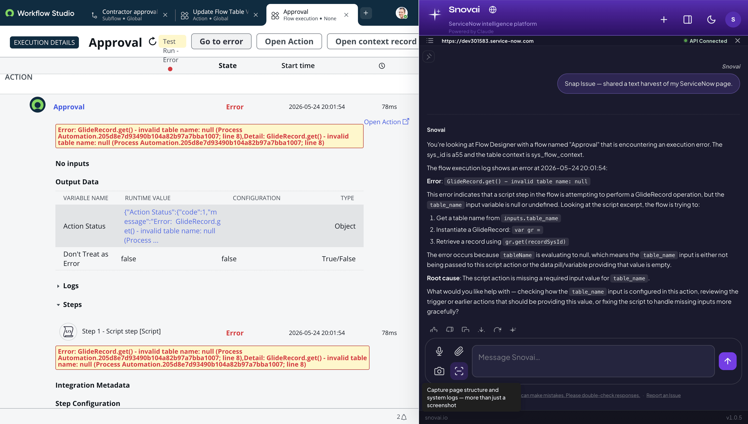 Snap Issue reading flow execution context and surfacing a clear diagnosis