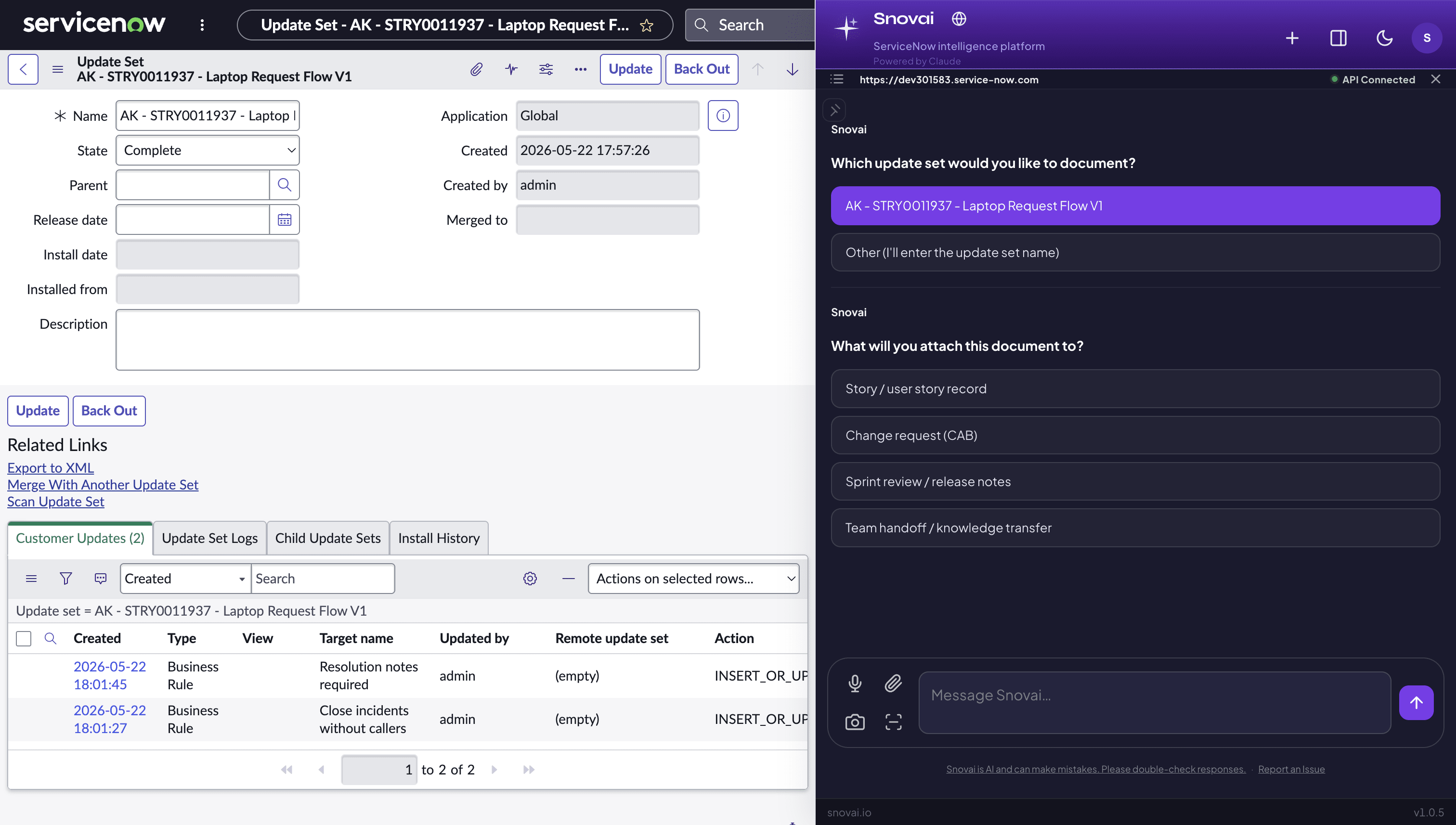 Update set documentation wizard with update set auto-detected from current page