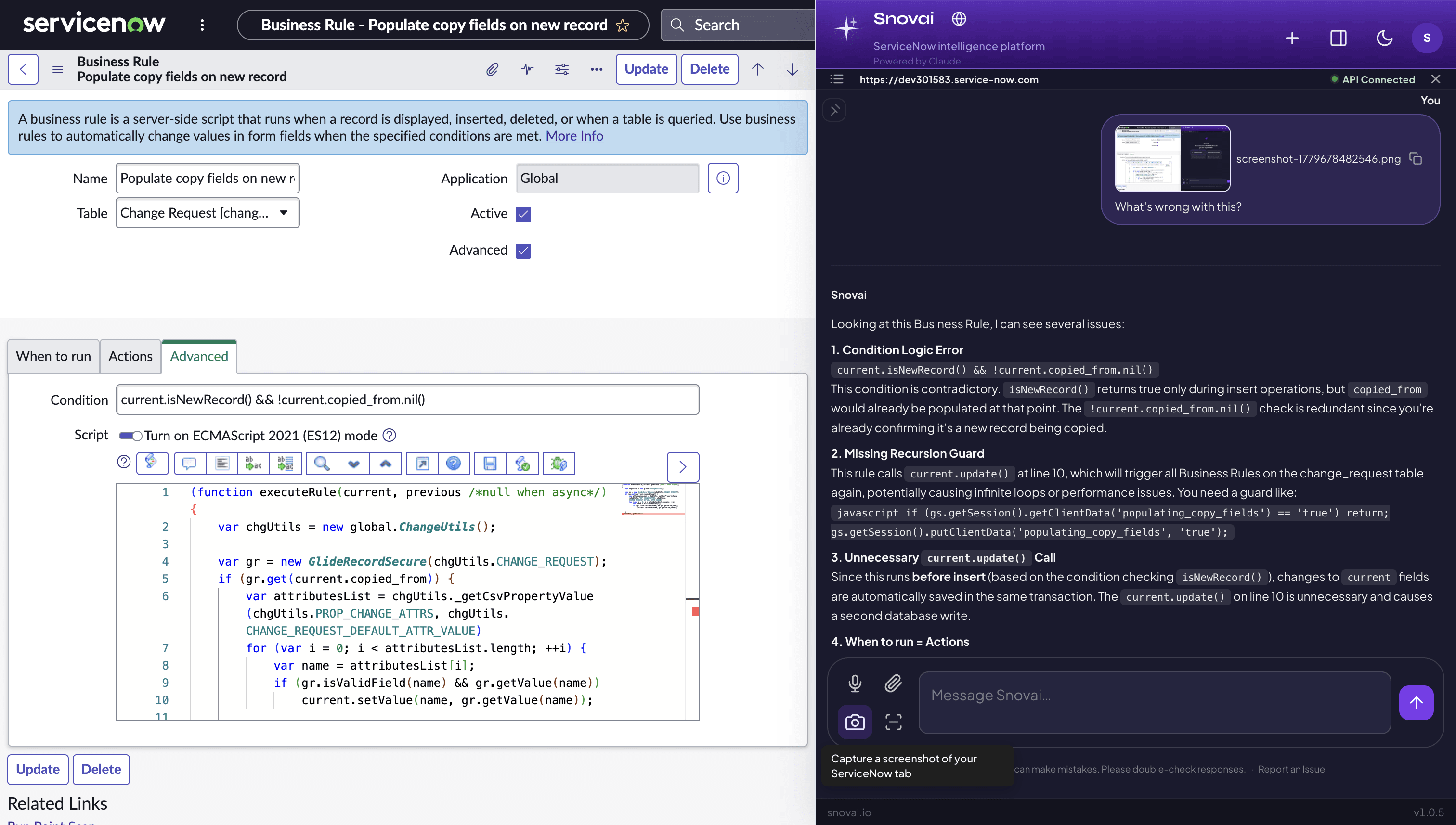 Screenshot attached to chat with Snovai analyzing a business rule