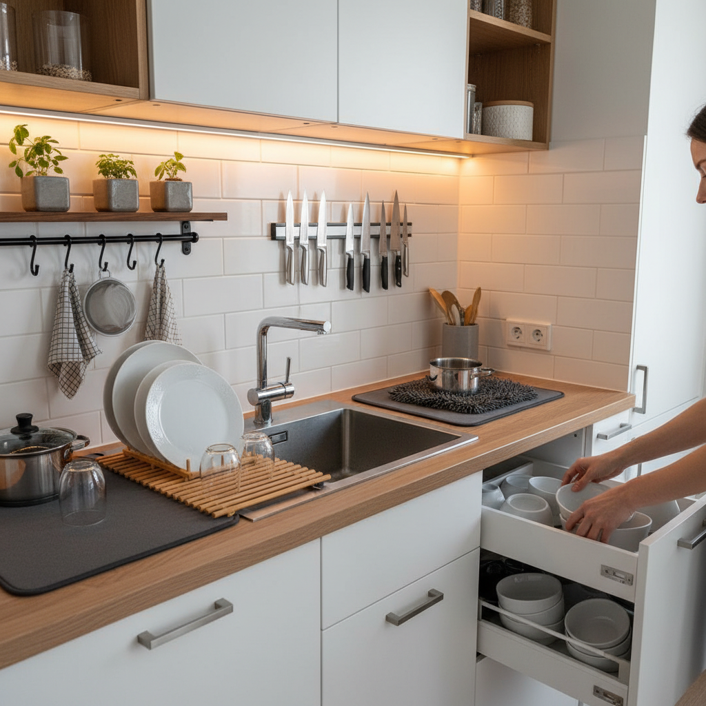 狭いキッチンでも快適に！水切りかご置かない代用アイデアと収納術