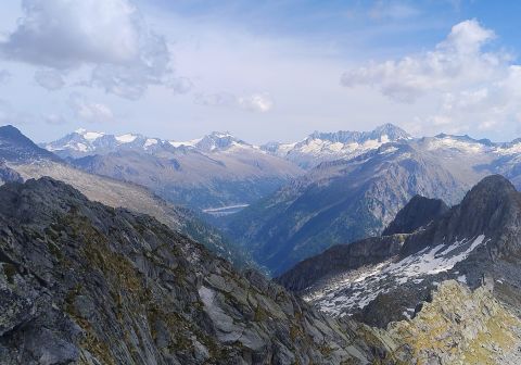 Carè Alto, malga Bissina e l'Adamello dalla cima del monte Gelo