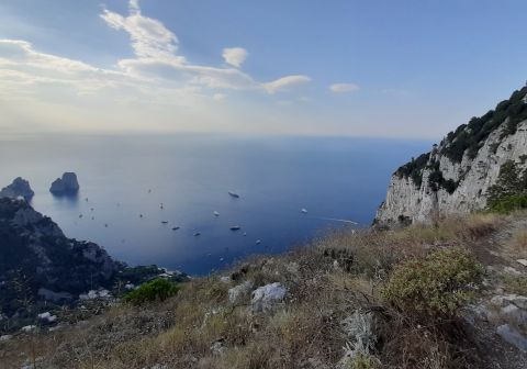 Vista dal pendio erboso su Marina Piccola e i Faraglioni