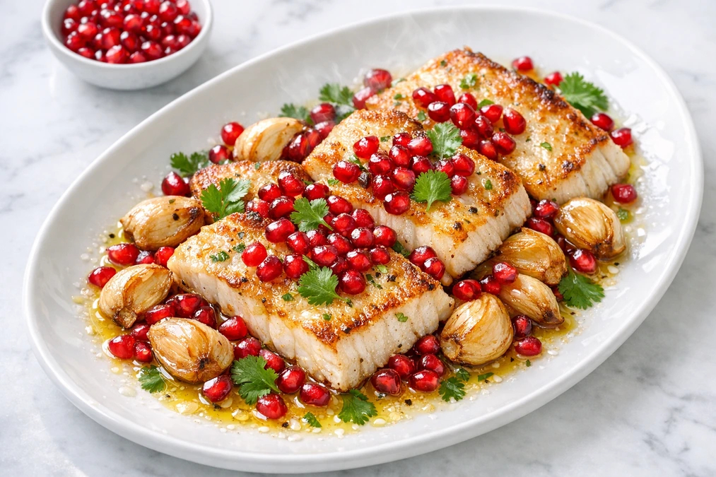 Seared Fish with Caramelised Garlic and Pomegranate Recipe