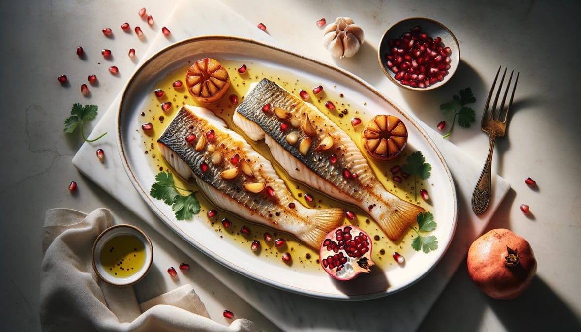 Seared Fish with Caramelised Garlic and Pomegranate Recipe
