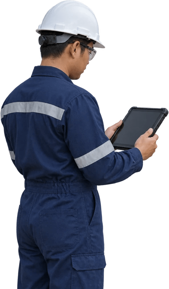 Engineer in a hard hat reading plant data on a tablet