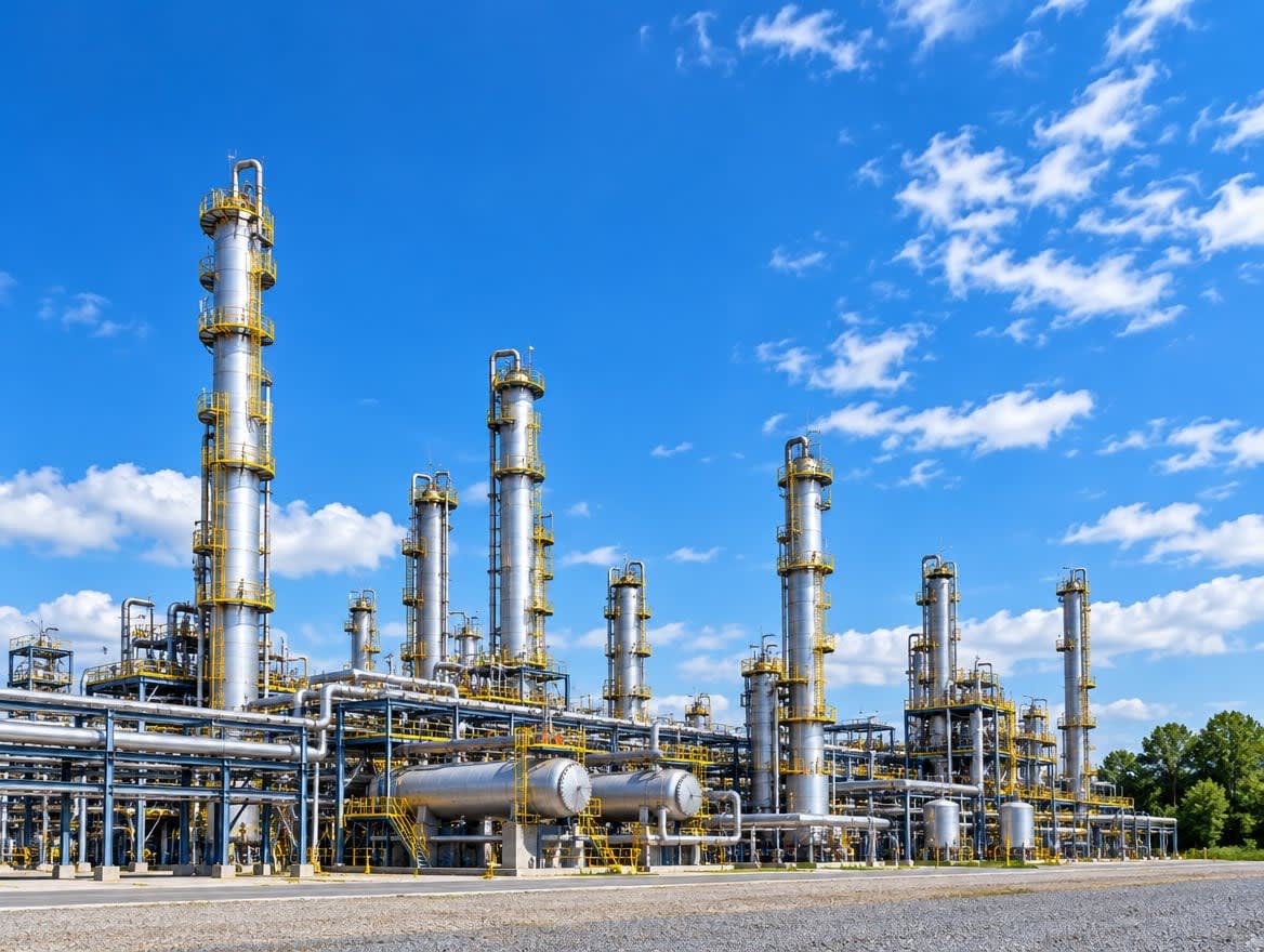 Petrochemical process plant with distillation columns and storage tanks